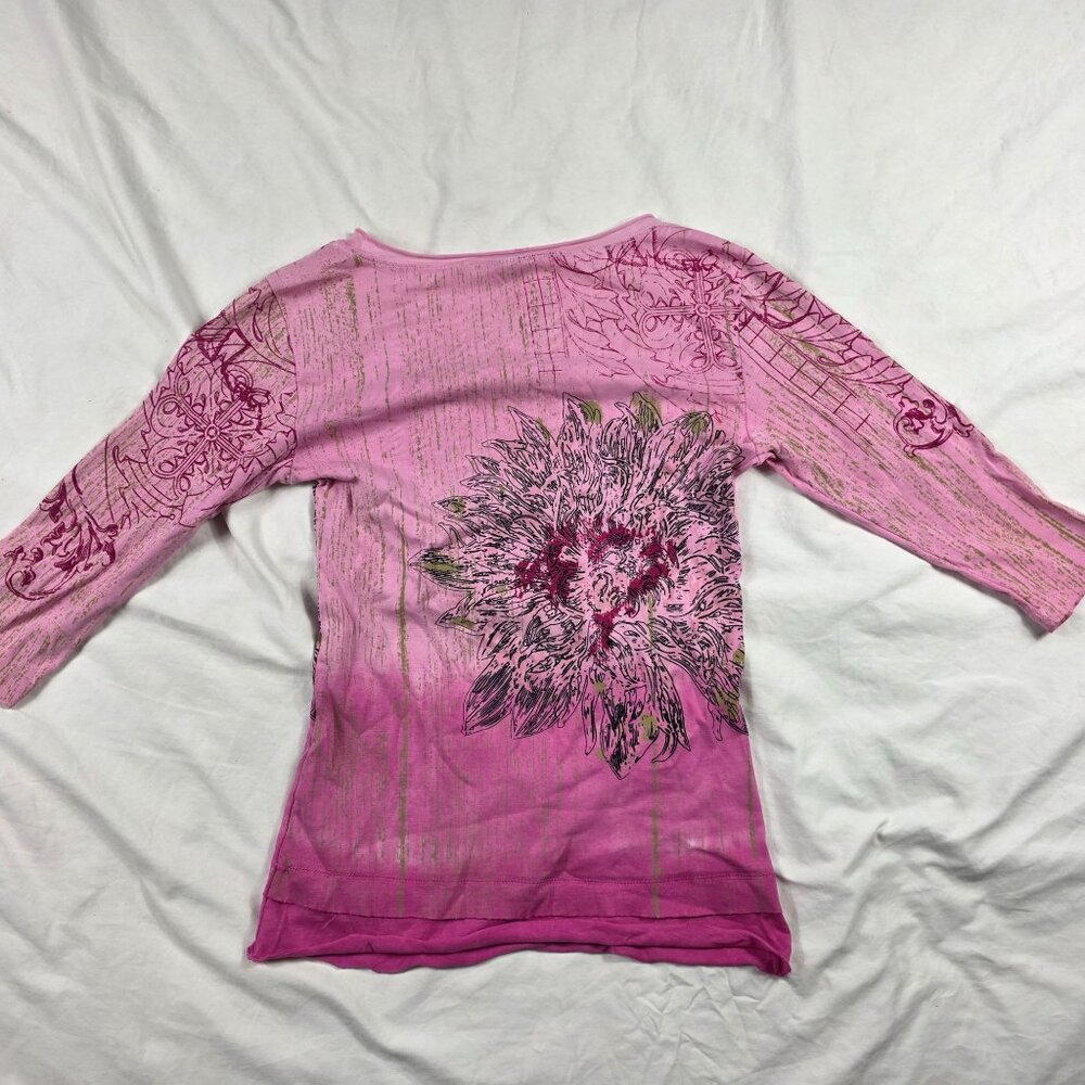 Glima Womens Size Small Pink Floral Graphic 3/4 Sleeve Shirt Made In USA